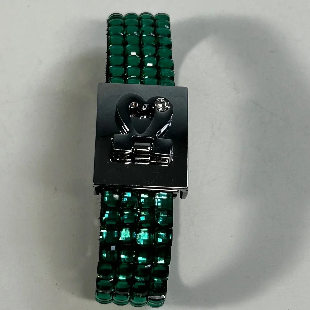 Emerald Green Rhinestone Wrap Bracelet Silver Tone‎ Heart Clasp 4 Row Sparkling